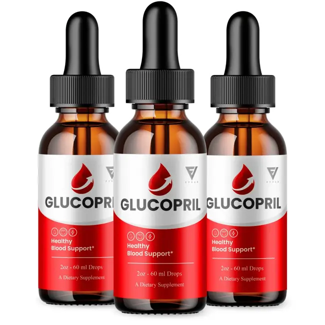 Three original GlucoPril amber dropper bottles with black caps and red-and-white labels
