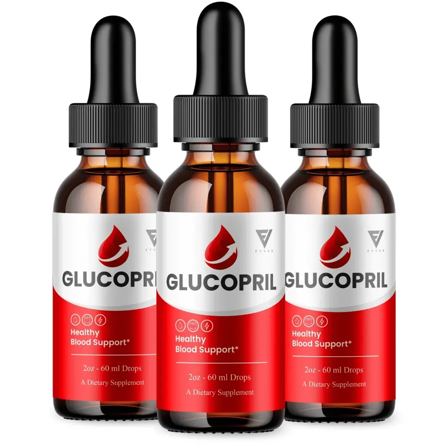 Three original GlucoPril amber dropper bottles with black caps and red-and-white labels
